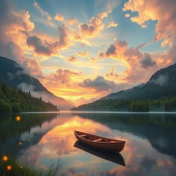 a serene dreamscape featuring a colorful sunset over a peaceful lake, surrounded by lush green forests and distant mountains, soft pastel colors blending in the sky, fluffy clouds reflecting the sunlight, a small wooden boat drifting gently on the calm water, and fireflies illuminating the surroundings, creating a magical atmosphere