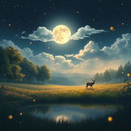 A serene night scene depicting a dreamy landscape under a starlit sky