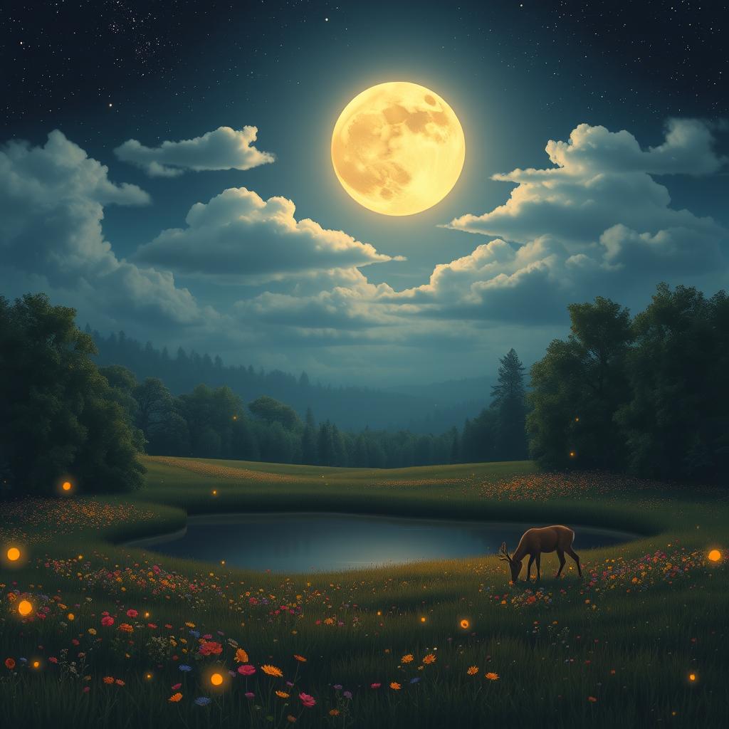 A serene night scene depicting a dreamy landscape under a starlit sky
