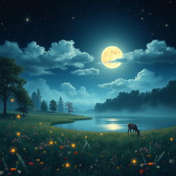 A serene night scene depicting a dreamy landscape under a starlit sky