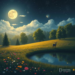A serene night scene depicting a dreamy landscape under a starlit sky