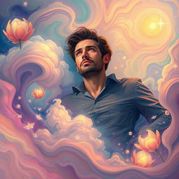 A surreal depiction of a man drifting through a dreamlike landscape, surrounded by swirling colors and abstract shapes