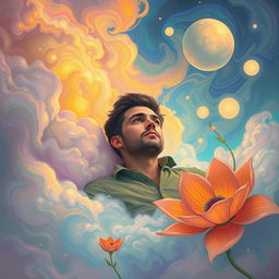 A surreal depiction of a man drifting through a dreamlike landscape, surrounded by swirling colors and abstract shapes