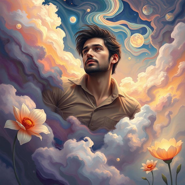 A surreal depiction of a man drifting through a dreamlike landscape, surrounded by swirling colors and abstract shapes