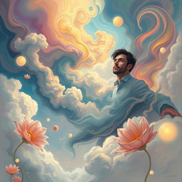 A surreal depiction of a man drifting through a dreamlike landscape, surrounded by swirling colors and abstract shapes