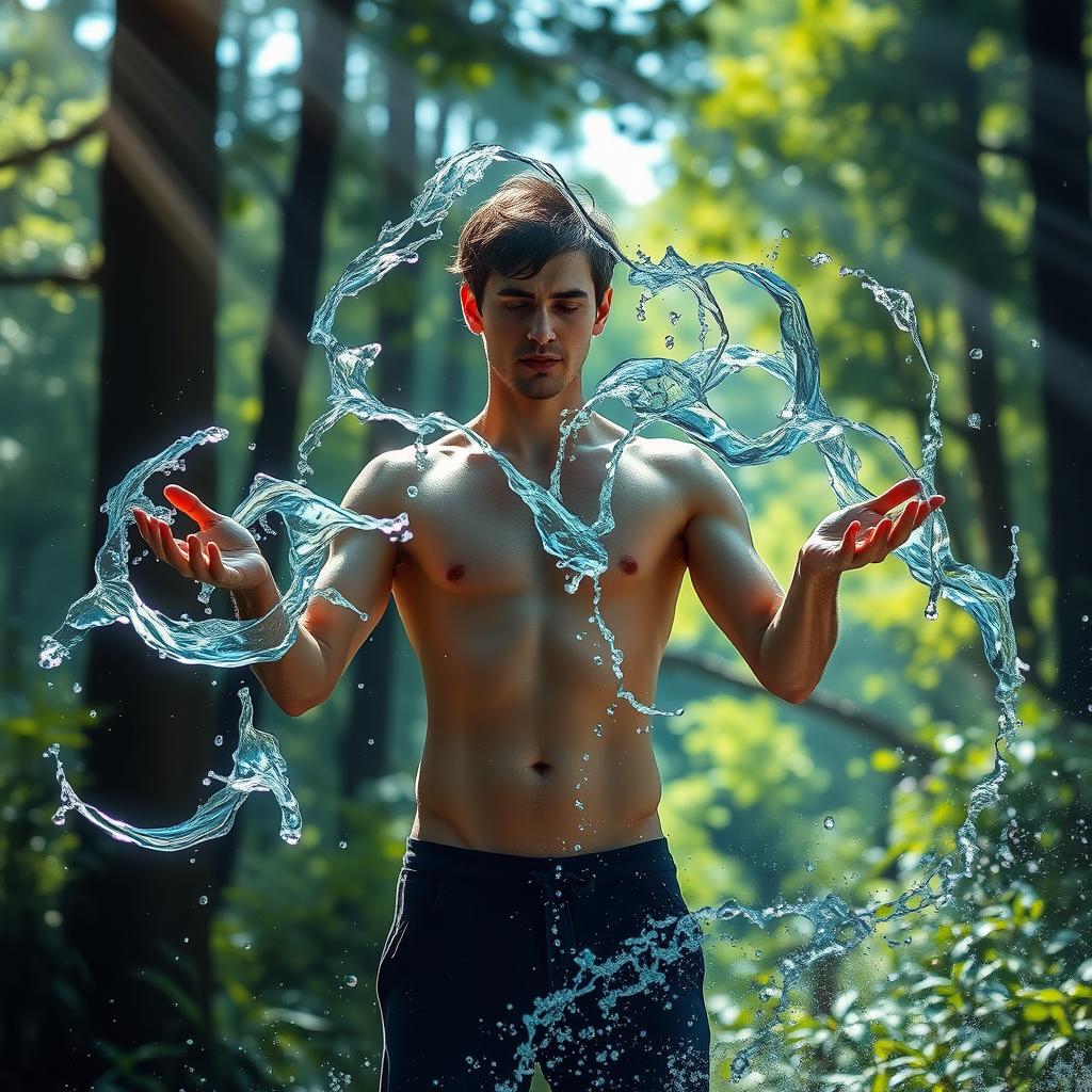 A dynamic and powerful scene showcasing a person with the ability of hydrokinesis, standing in a lush, vibrant forest environment