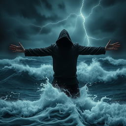 A dark hooded figure standing majestically in the middle of a raging ocean during a fierce storm, with both arms outstretched as if embracing the chaotic elements around them