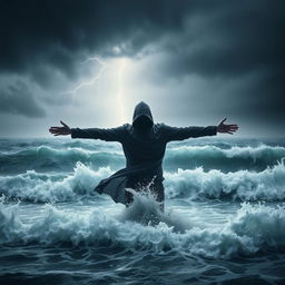A dark hooded figure standing majestically in the middle of a raging ocean during a fierce storm, with both arms outstretched as if embracing the chaotic elements around them