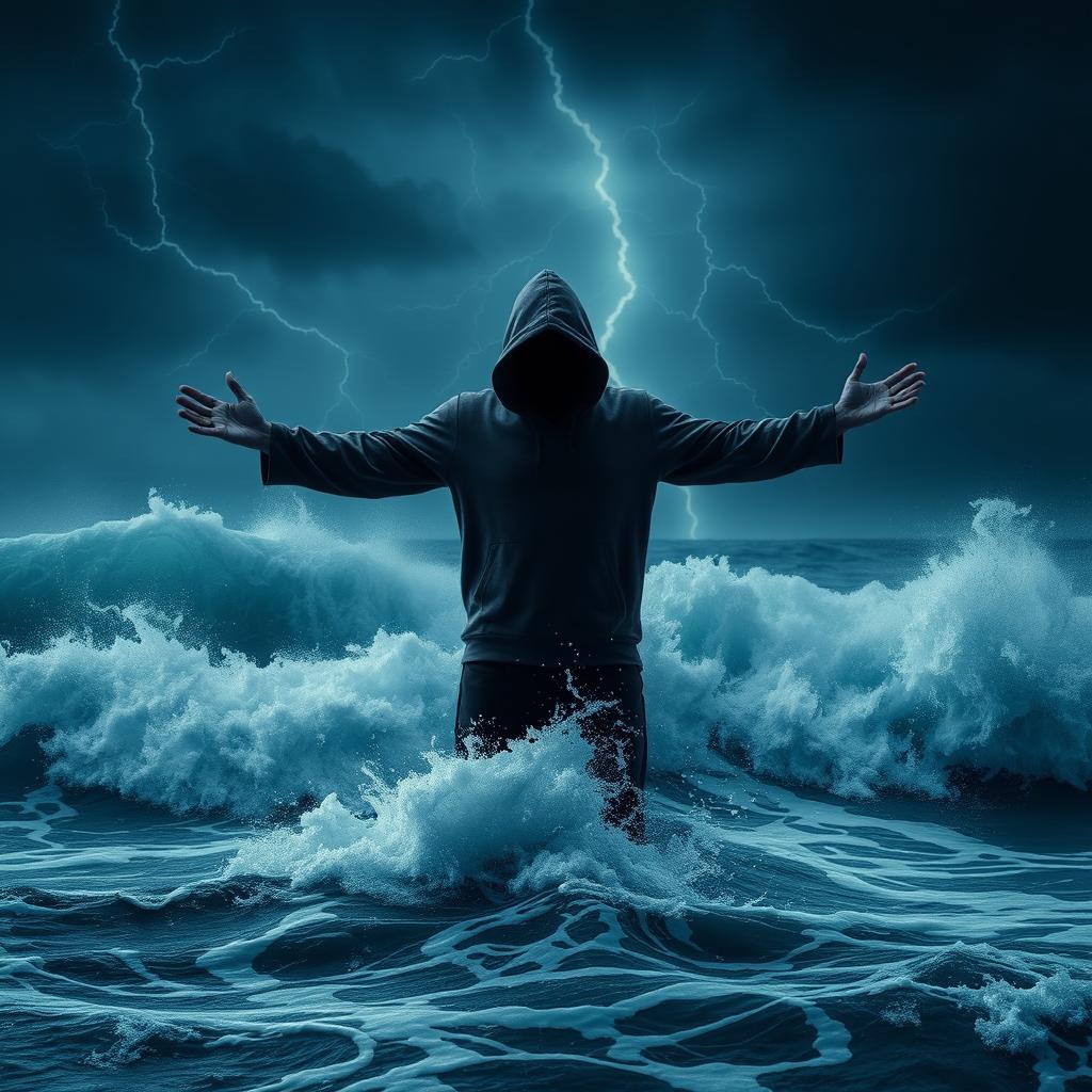 A dark hooded figure standing majestically in the middle of a raging ocean during a fierce storm, with both arms outstretched as if embracing the chaotic elements around them