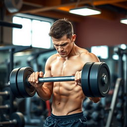 A skinny man in a gym setting, struggling to lift a heavy weight with a determined expression on his face