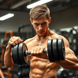 A skinny man in a gym setting, struggling to lift a heavy weight with a determined expression on his face