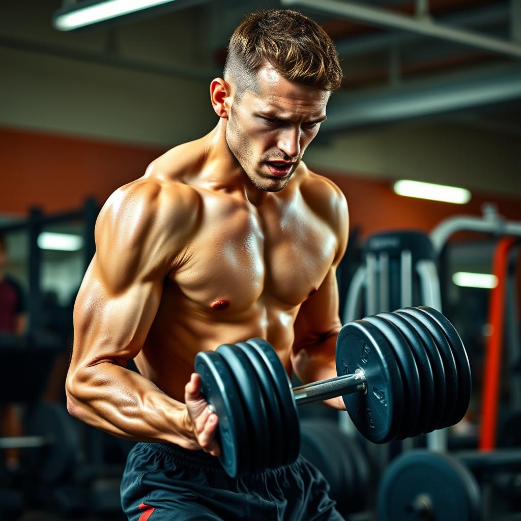 A skinny man in a gym setting, struggling to lift a heavy weight with a determined expression on his face