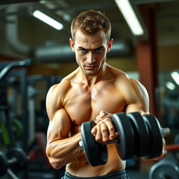 A skinny man in a gym setting, struggling to lift a heavy weight with a determined expression on his face