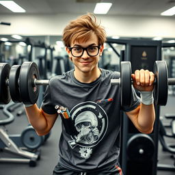A nerdy young man in a gym setting, struggling to lift weights