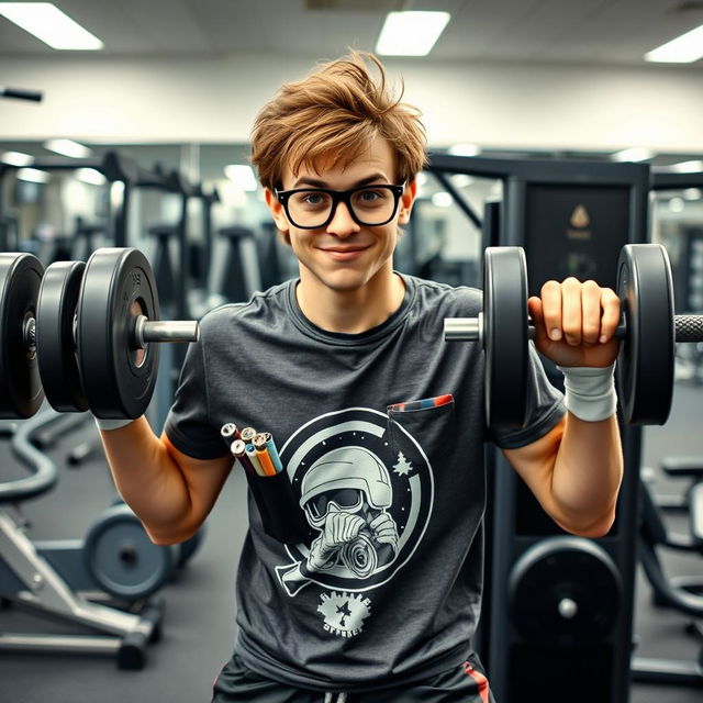 A nerdy young man in a gym setting, struggling to lift weights