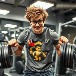 A nerdy young man in a gym setting, struggling to lift weights