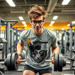 A nerdy young man in a gym setting, struggling to lift weights