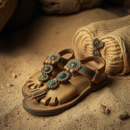 A detailed depiction of ancient sandals, showcasing their intricate design and craftsmanship