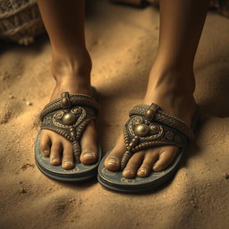 A detailed depiction of ancient sandals, showcasing their intricate design and craftsmanship