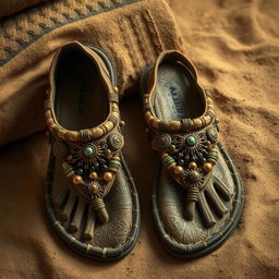 A detailed depiction of ancient sandals, showcasing their intricate design and craftsmanship