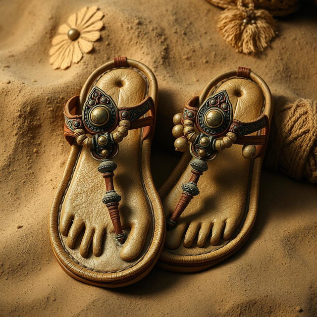 A detailed depiction of ancient sandals, showcasing their intricate design and craftsmanship