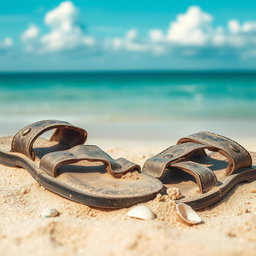 A detailed close-up of a pair of old, worn-out sandals resting on a sandy beach