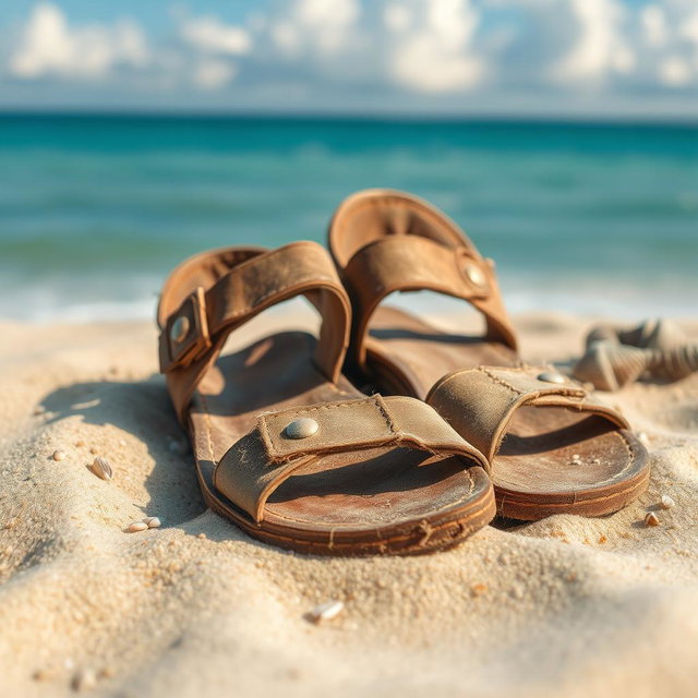 A detailed close-up of a pair of old, worn-out sandals resting on a sandy beach