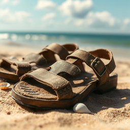 A detailed close-up of a pair of old, worn-out sandals resting on a sandy beach