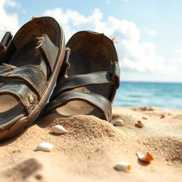 A detailed close-up of a pair of old, worn-out sandals resting on a sandy beach