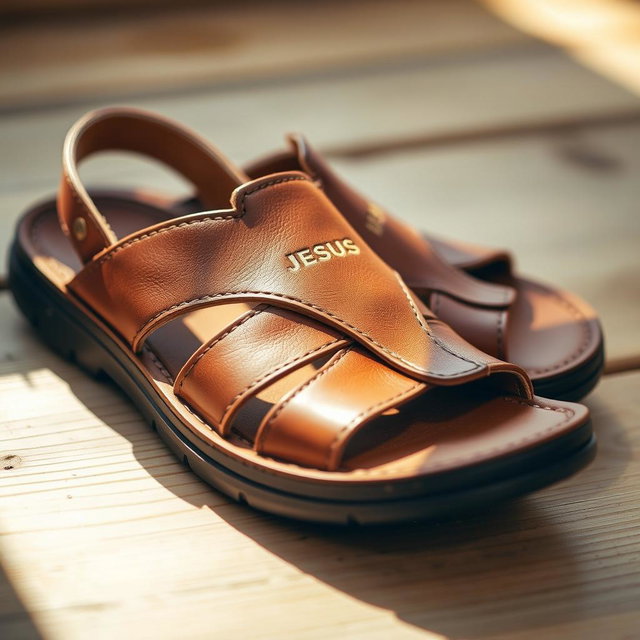 A close-up of a pair of stylish, handcrafted Jesus sandals, made from high-quality brown leather