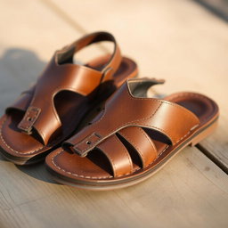 A close-up of a pair of stylish, handcrafted Jesus sandals, made from high-quality brown leather