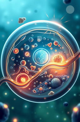 A detailed and modern scientific illustration of a microscopic landscape representing an internal view of a cell