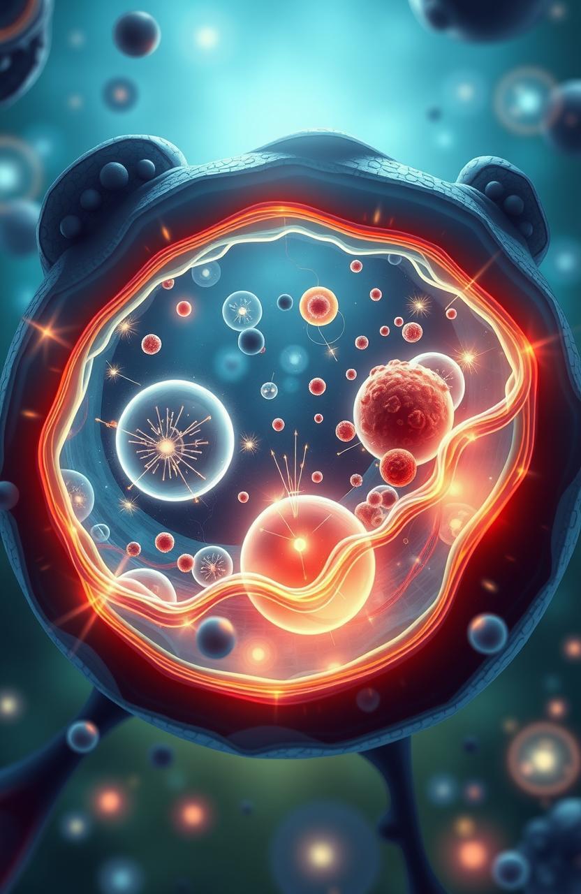 A detailed and modern scientific illustration of a microscopic landscape representing an internal view of a cell