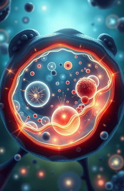 A detailed and modern scientific illustration of a microscopic landscape representing an internal view of a cell