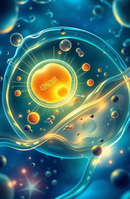 A detailed and modern scientific illustration of a microscopic landscape representing an internal view of a cell