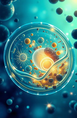 A detailed and modern scientific illustration of a microscopic landscape representing an internal view of a cell