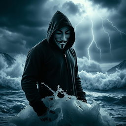 A dark hooded figure, wearing a Guy Fawkes V for Vendetta mask, stands confidently in the middle of a tumultuous ocean