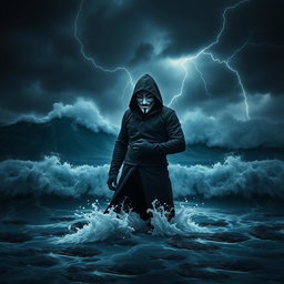 A dark hooded figure, wearing a Guy Fawkes V for Vendetta mask, stands confidently in the middle of a tumultuous ocean