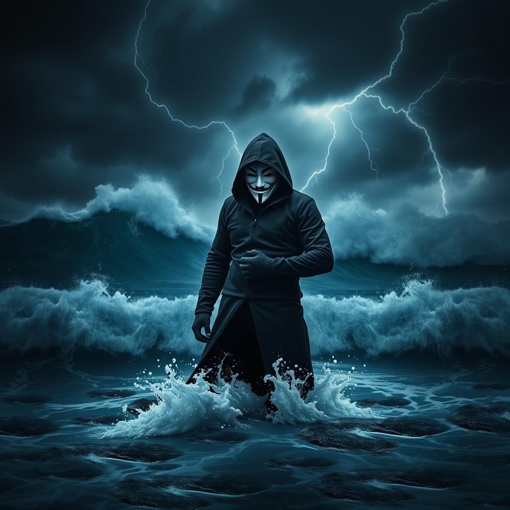 A dark hooded figure, wearing a Guy Fawkes V for Vendetta mask, stands confidently in the middle of a tumultuous ocean