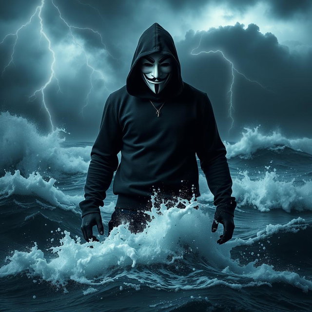A dark hooded figure, wearing a Guy Fawkes V for Vendetta mask, stands confidently in the middle of a tumultuous ocean