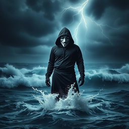 A dark hooded figure, wearing a Guy Fawkes V for Vendetta mask, stands confidently in the middle of a tumultuous ocean