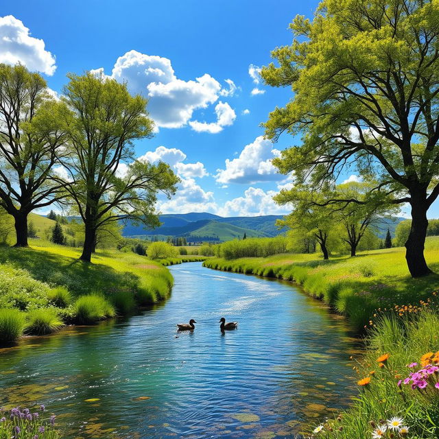 A serene and picturesque landscape featuring a tranquil river winding through lush greenery