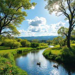 A serene and picturesque landscape featuring a tranquil river winding through lush greenery