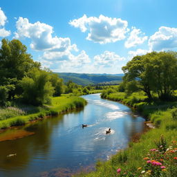 A serene and picturesque landscape featuring a tranquil river winding through lush greenery