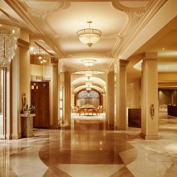 Hotel reception area radiating formality and elegance through its intricate interior design and sophisticated furnishings.