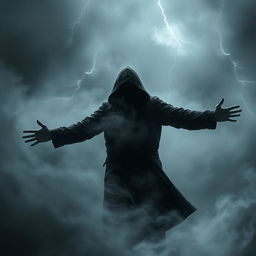 A dark hooded figure standing amidst a swirling gray fog, with both arms outstretched and embracing the storm