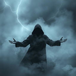 A dark hooded figure standing amidst a swirling gray fog, with both arms outstretched and embracing the storm