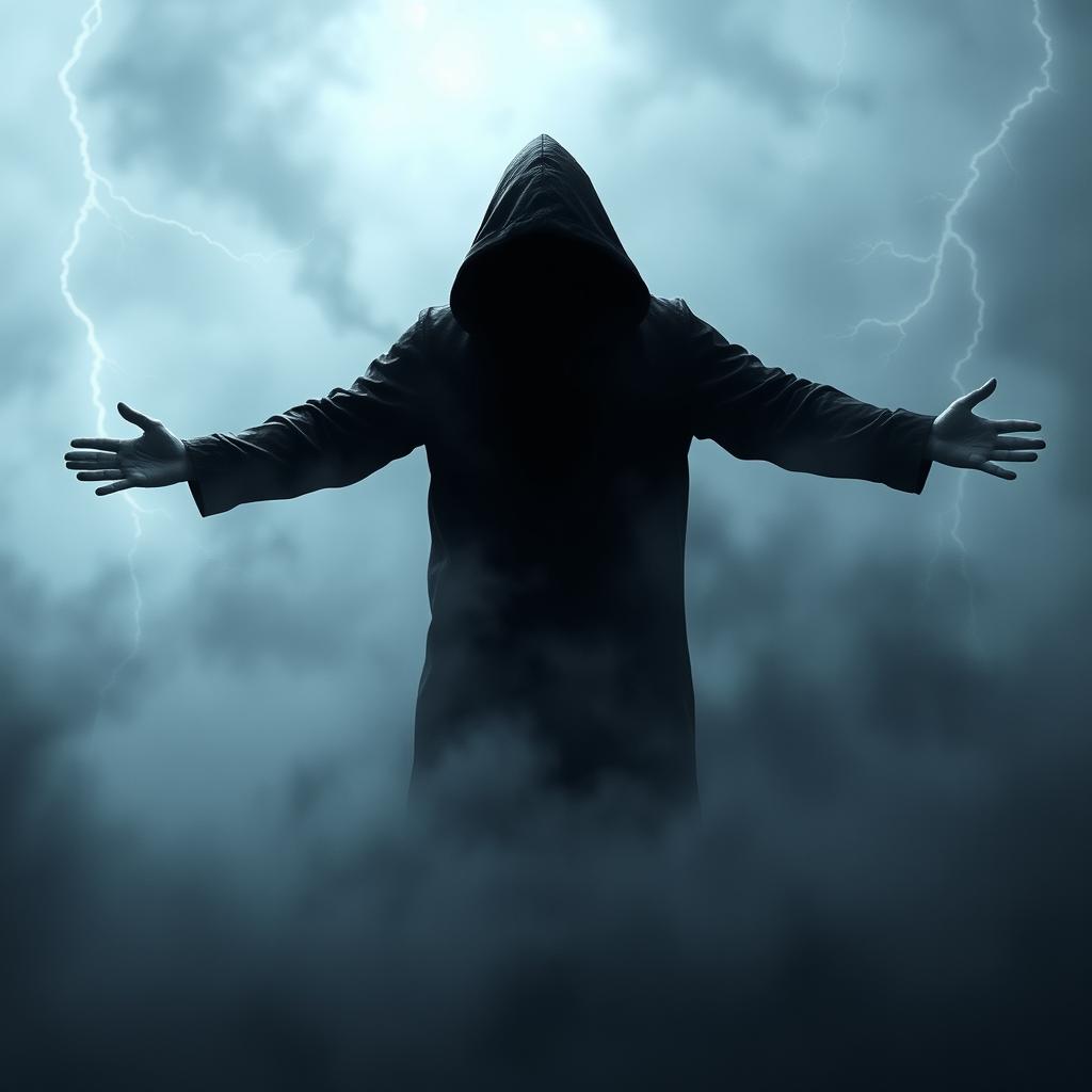 A dark hooded figure standing amidst a swirling gray fog, with both arms outstretched and embracing the storm