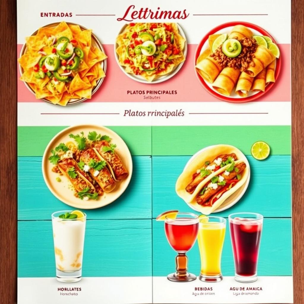 A beautifully arranged Mexican food menu featuring vibrant and colorful dishes