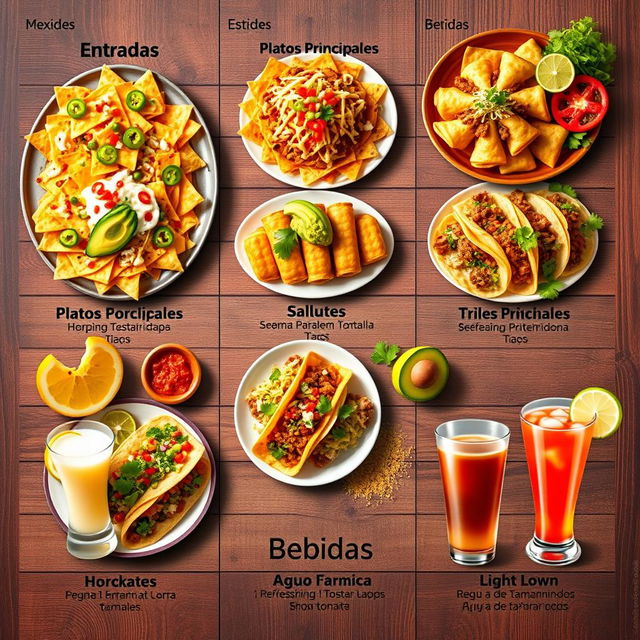 A beautifully arranged Mexican food menu featuring vibrant and colorful dishes